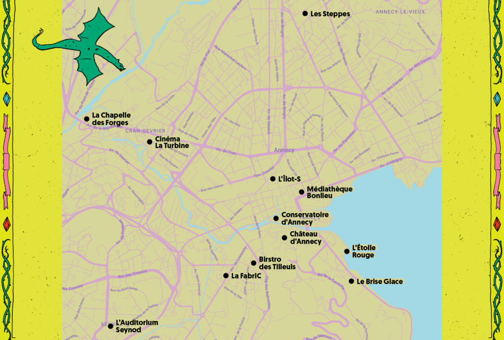Plan de la ville d'Annecy avec les différents lieux du festival Hors Pistes placés à l'aide de repères
